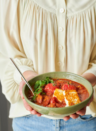 Chorizo, Red Lentil and Tomato Soup with Sizzled Haloumi