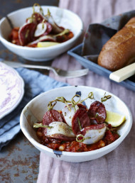 Chorizo and Squid Skewers on Crushed White Beans and Chilli Tomato Sauce