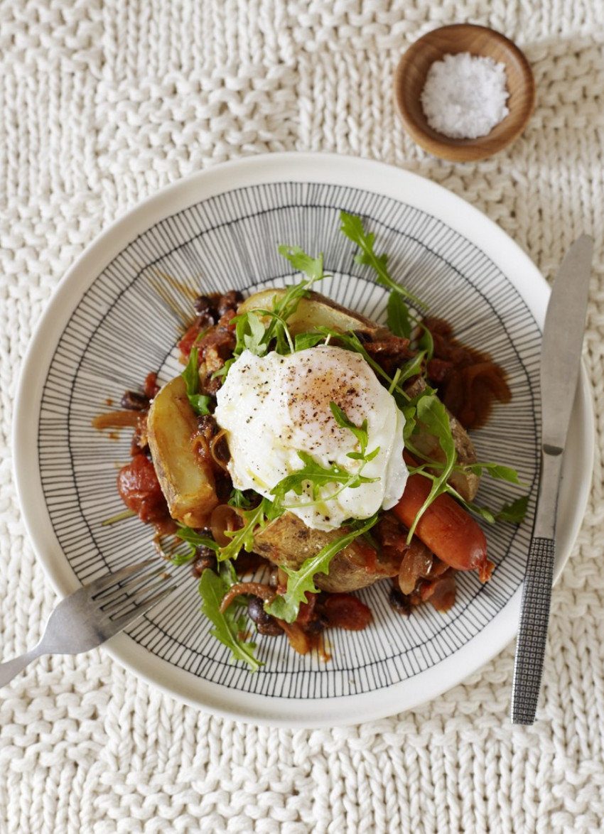 Baked Potatoes with Smoked Chilli Beans and Poached Eggs