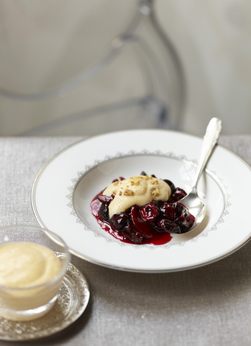 Cherries in Kirsch with White Chocolate Mousse
