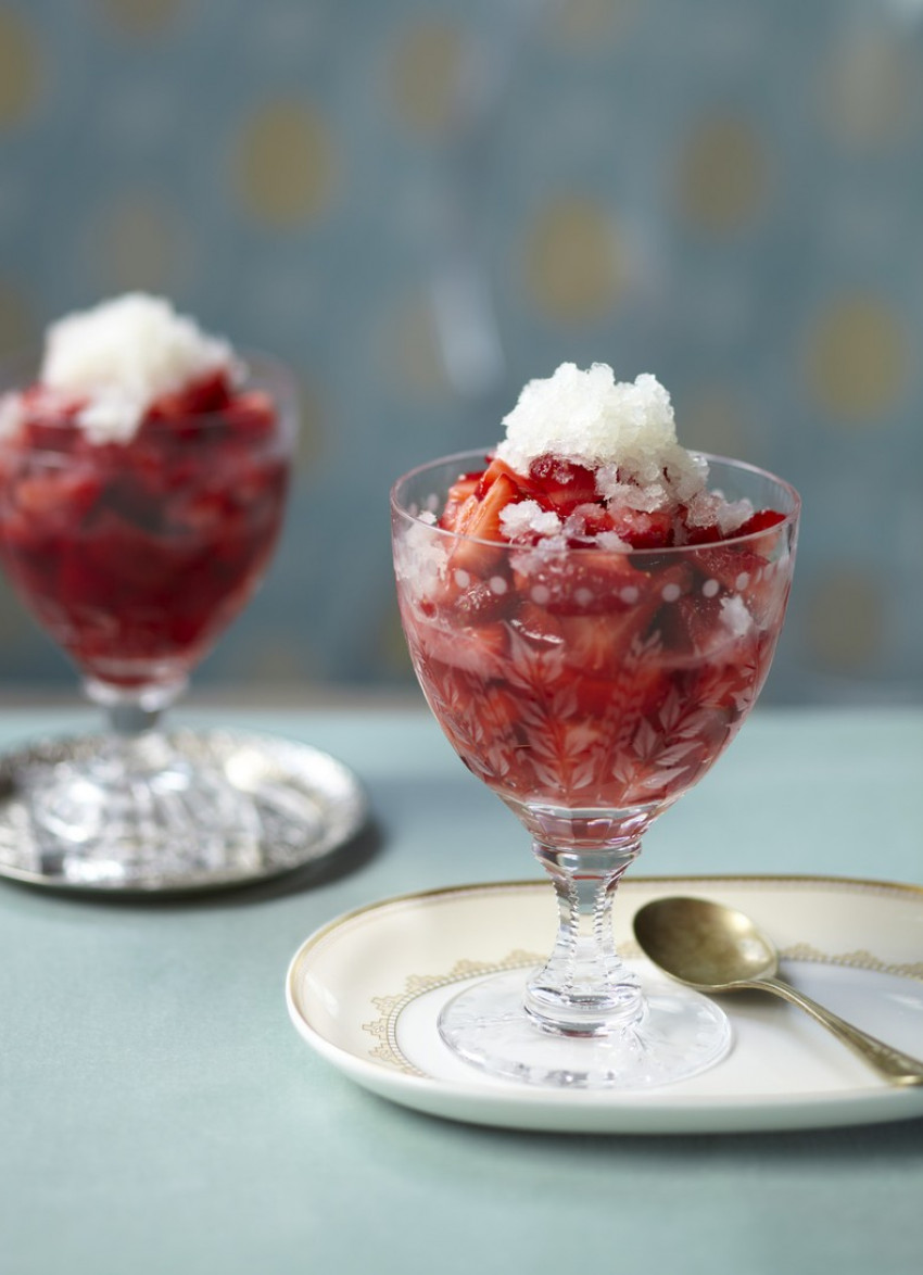 Elderflower Marinated Strawberries with Lychee Granita