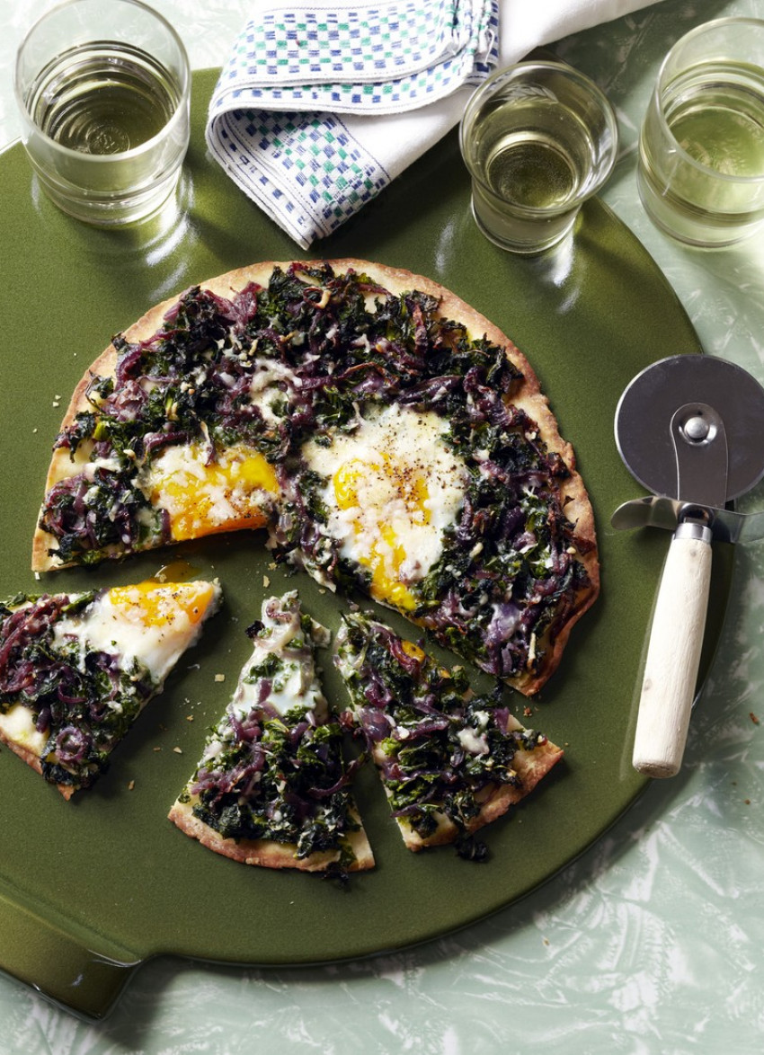 Curly Kale, Caramelised Onion and Egg Pizzas