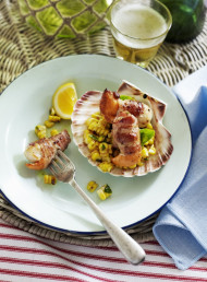 Scallops and Bacon on Grilled Corn and Basil Salad