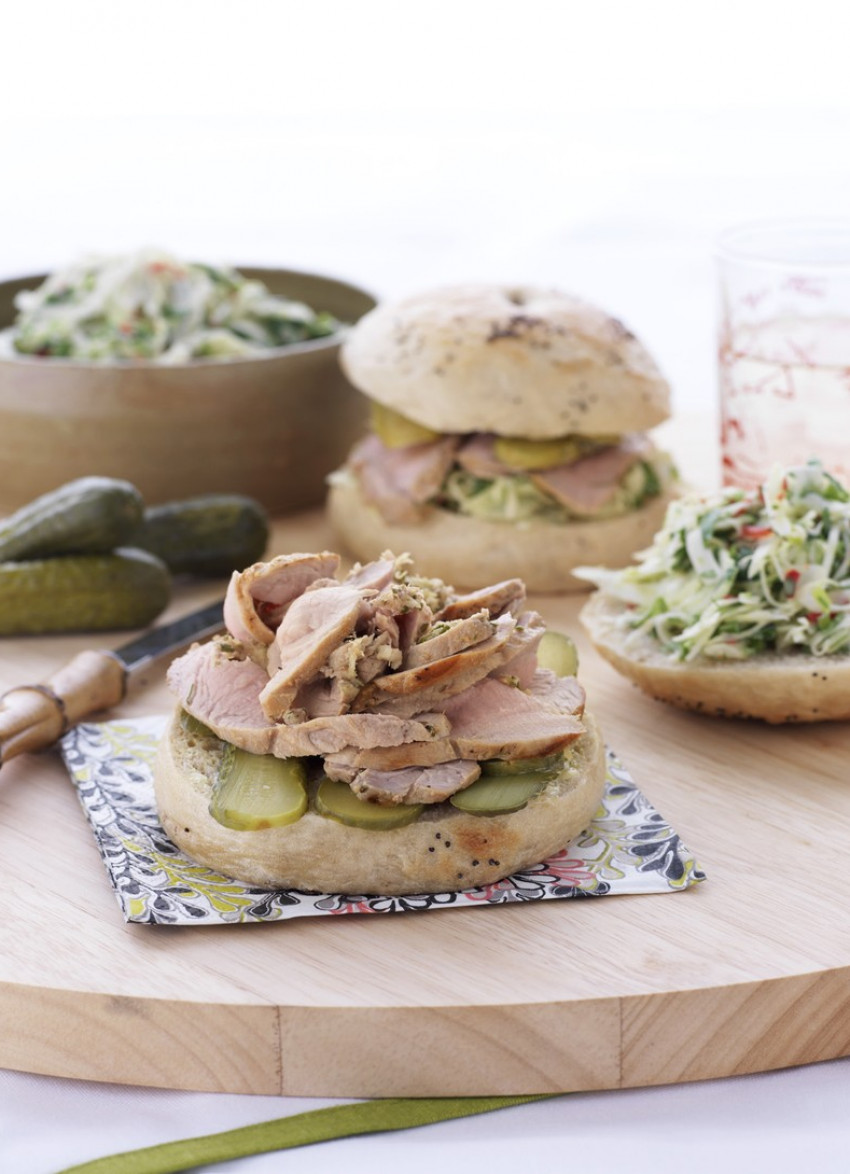 Bagels with Shaved Pork, Fennel and Lime Salad
