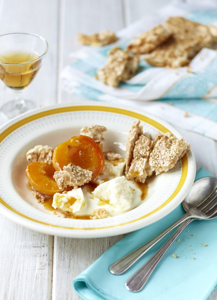 Honey and Ginger Roasted Apricots, Ricotta and Sesame Crisp