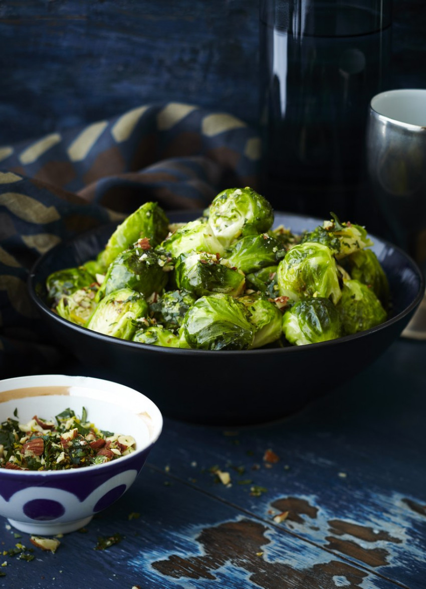 Roasted Brussels Sprouts, Mustard Dressing and Almond Gremolata