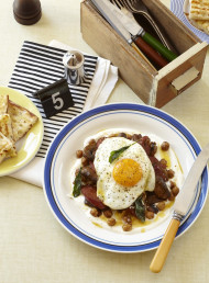 Chorizo, Mushrooms and Chickpeas on Garlic Yoghurt with Sage Brown Butter