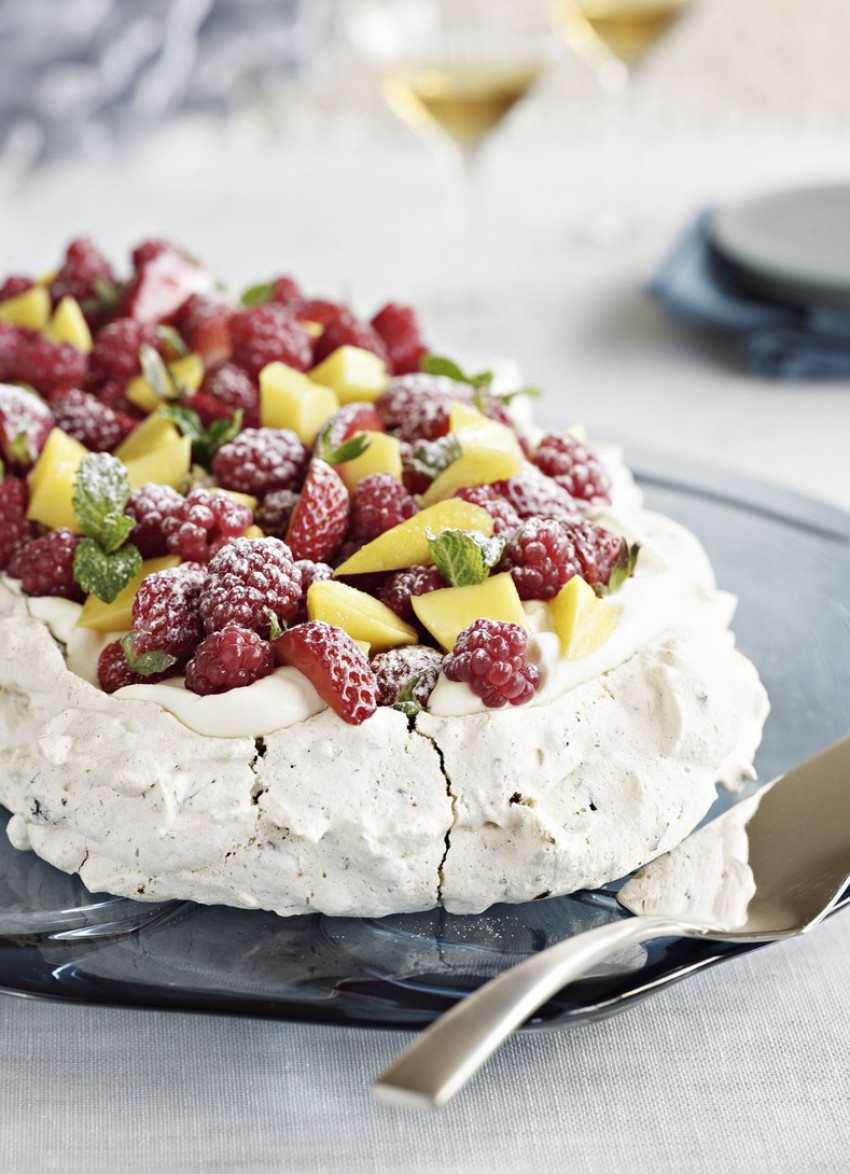 Chocolate, Fig and Hazelnut Meringue with Summer Berries and Mango