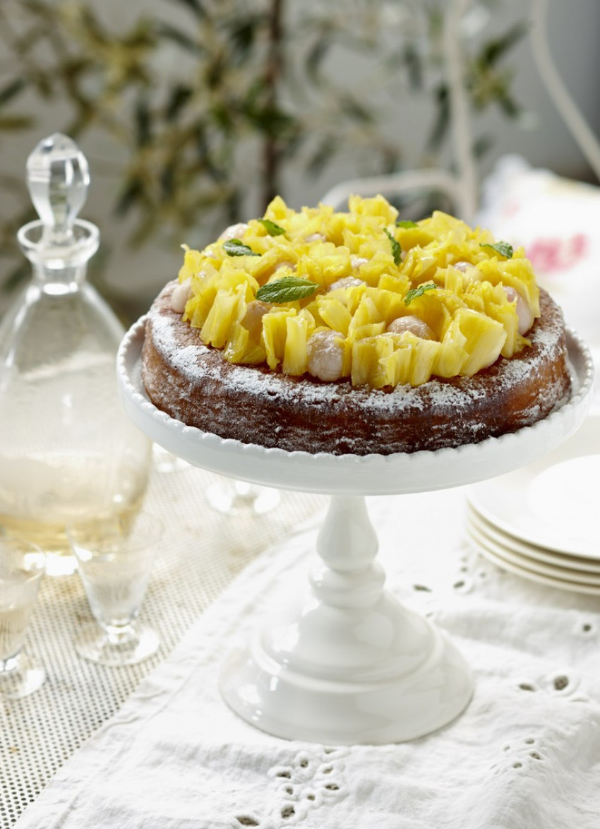 Orange and Ginger Cake with Ginger Syrup, Lychees and Pineapple