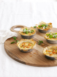 Hot Smoked Salmon Filo Tarts with a Watercress and Pecorino Salad