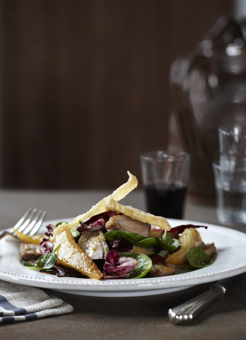 Duck and Cinnamon Pear Salad with Crispy Wontons