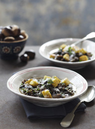Mushroom and Lentil Soup with Gorgonzola Polenta Croutons