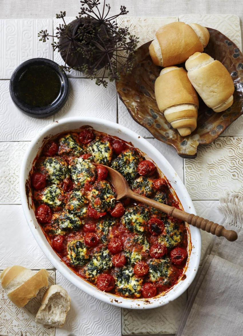 Spinach and Ricotta Gnocchi Baked with Cherry Tomatoes