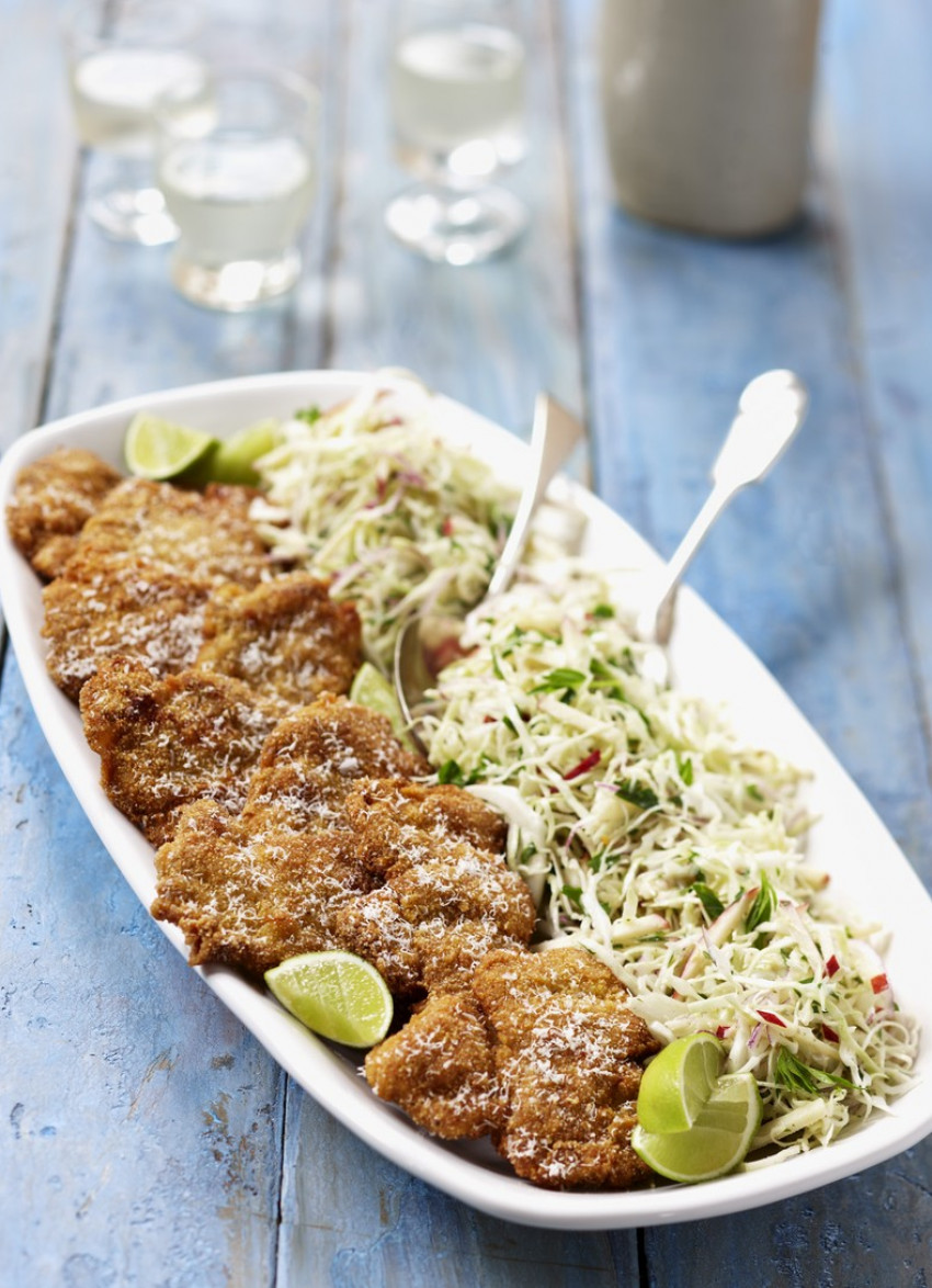 Polenta Crumbed Pork Schnitzel with Apple and Cabbage Coleslaw