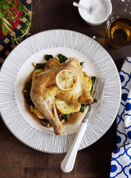 Crispy Chicken on Potatoes with Balsamic Spinach