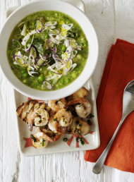 Zucchini and Basil Soup with Garlic Prawn Bruschetta