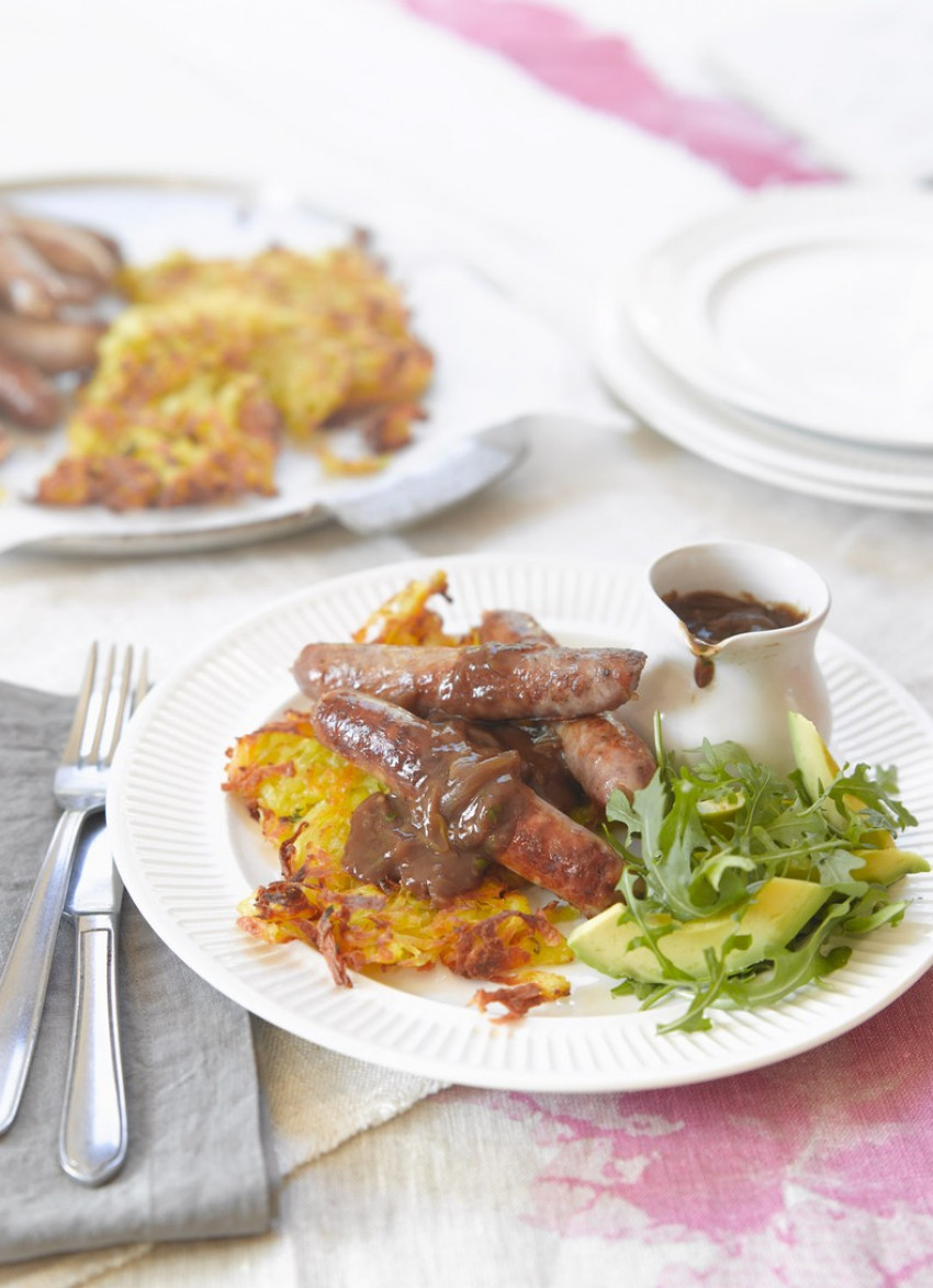 Oven Baked Potato Rosti, Sausages and Onion Gravy