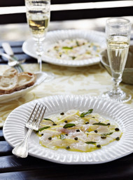 White Fish Carpaccio with Fried Sage, Capers and Preserved Lemon
