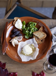 Baked Goats Cheese with Dry Roasted Olives