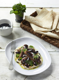 Spicy Lamb Sausages with White Bean Hummus