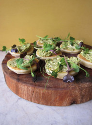 Basil and Cashew Pesto on Savoury Hotcakes with Microgreens 