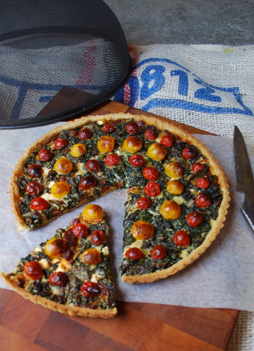 Curly Kale, Chorizo and Cherry Tomato Quiche