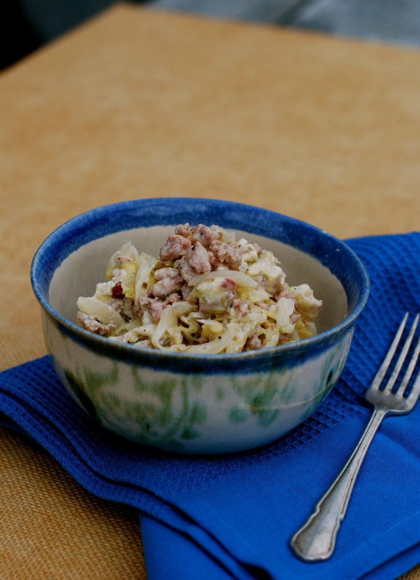 Toulouse Sausage and Cabbage in a White Wine Cream Sauce