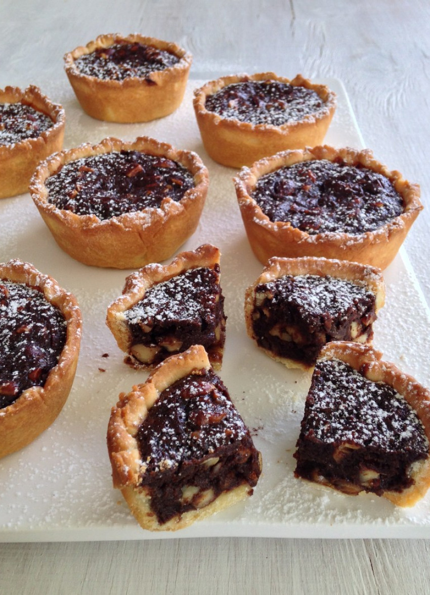 Salted Espresso Caramel, Chocolate and Nut Tarts 