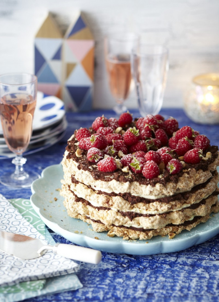 Hazelnut, Chocolate and Raspberry Macaroon Torte