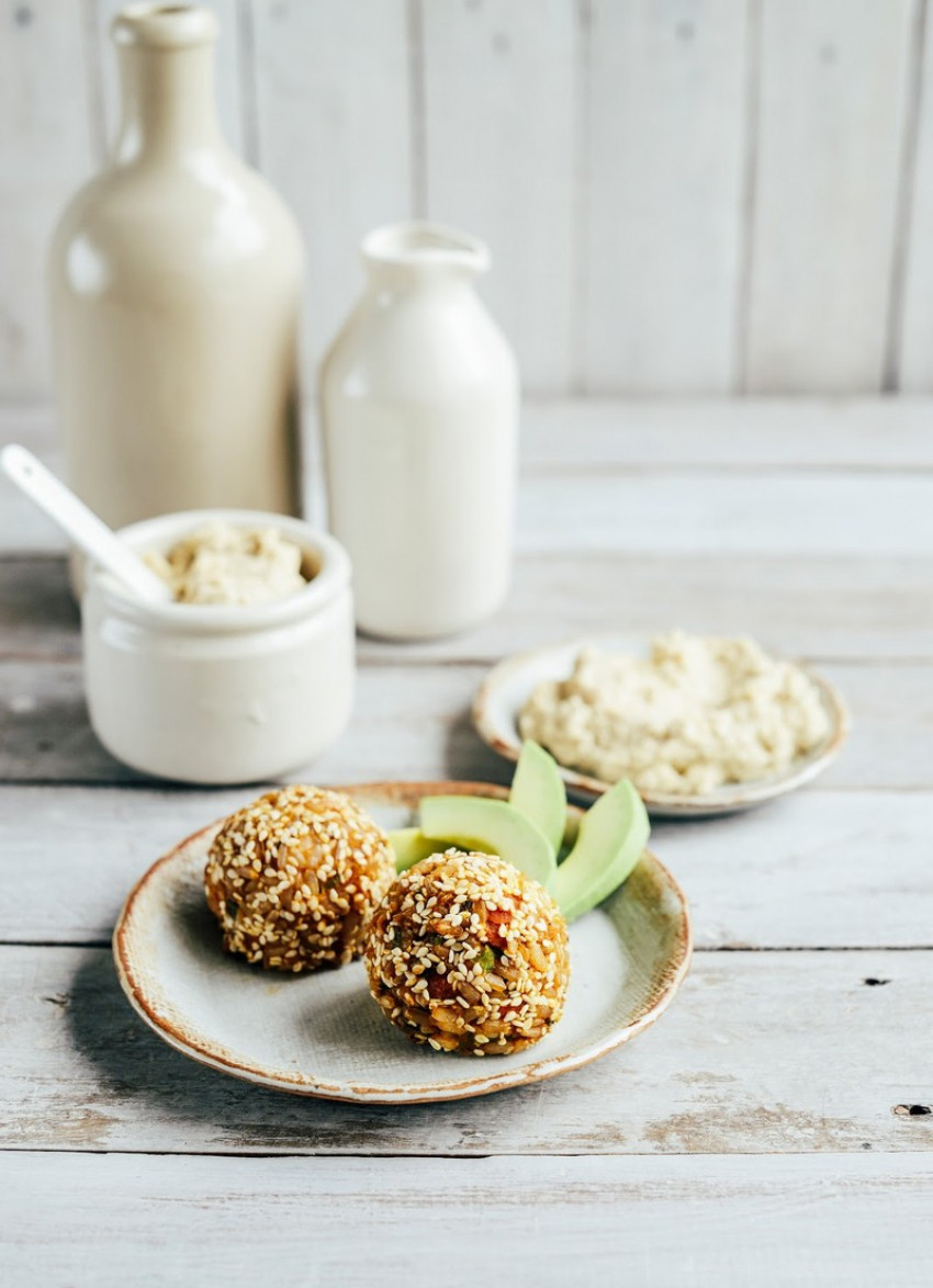 Pumpkin Brown Rice Balls with Hummus or Tamari (vegan)