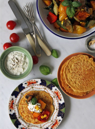 Chickpea Flour Pancakes with Fennel Roasted Summer Vegetables and Tahini Yoghurt