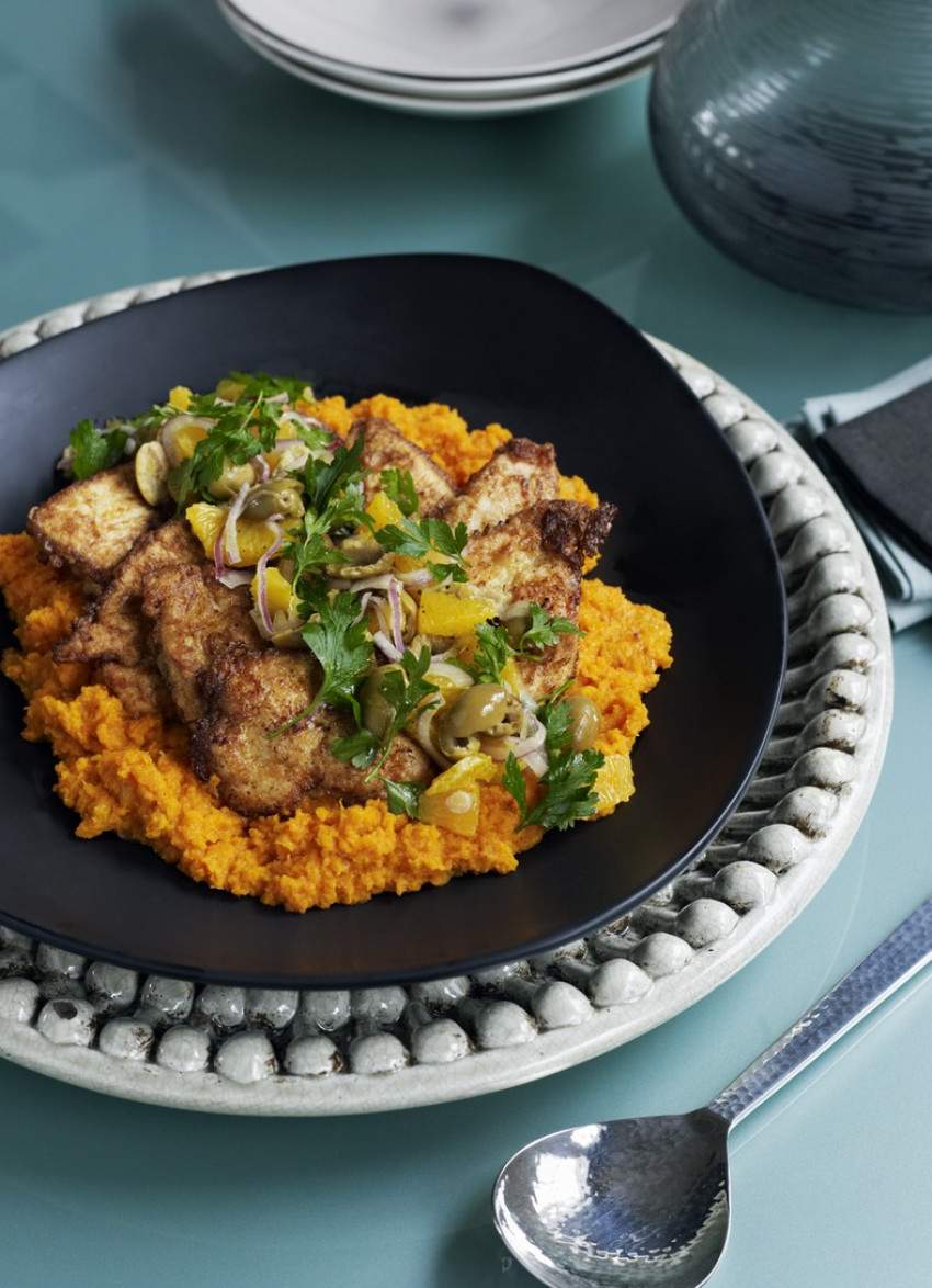 Chicken and Moroccan Carrot Purée with Orange and Green Olive Salsa