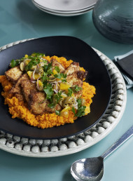 Chicken and Moroccan Carrot Purée with Orange and Green Olive Salsa