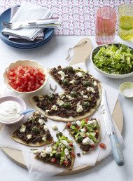 Greek Flat-Breads with Caramelized Onions, Beef and Green Olives