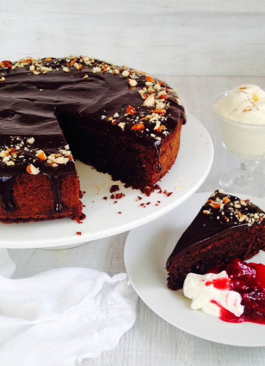 Glazed Chocolate and Roasted Nut Cake with Caramelised Plums