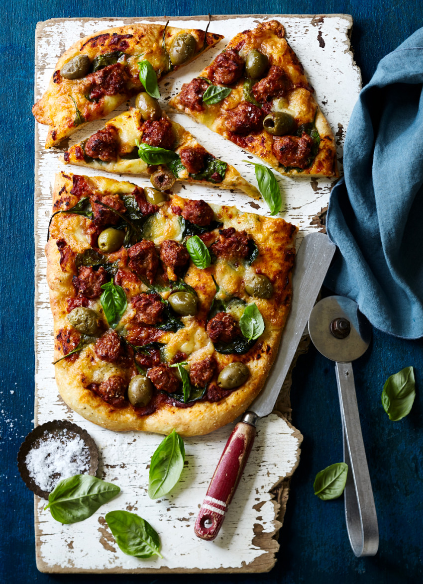 Lamb Merguez Sausage, Mozzarella and Spinach Pizza