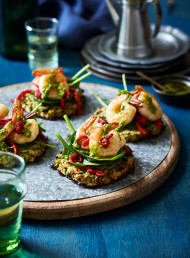 Zucchini and Almond Pizzette with Garlic Prawns (gf)