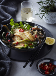 Soy and Ginger Fish with Mushrooms and Greens