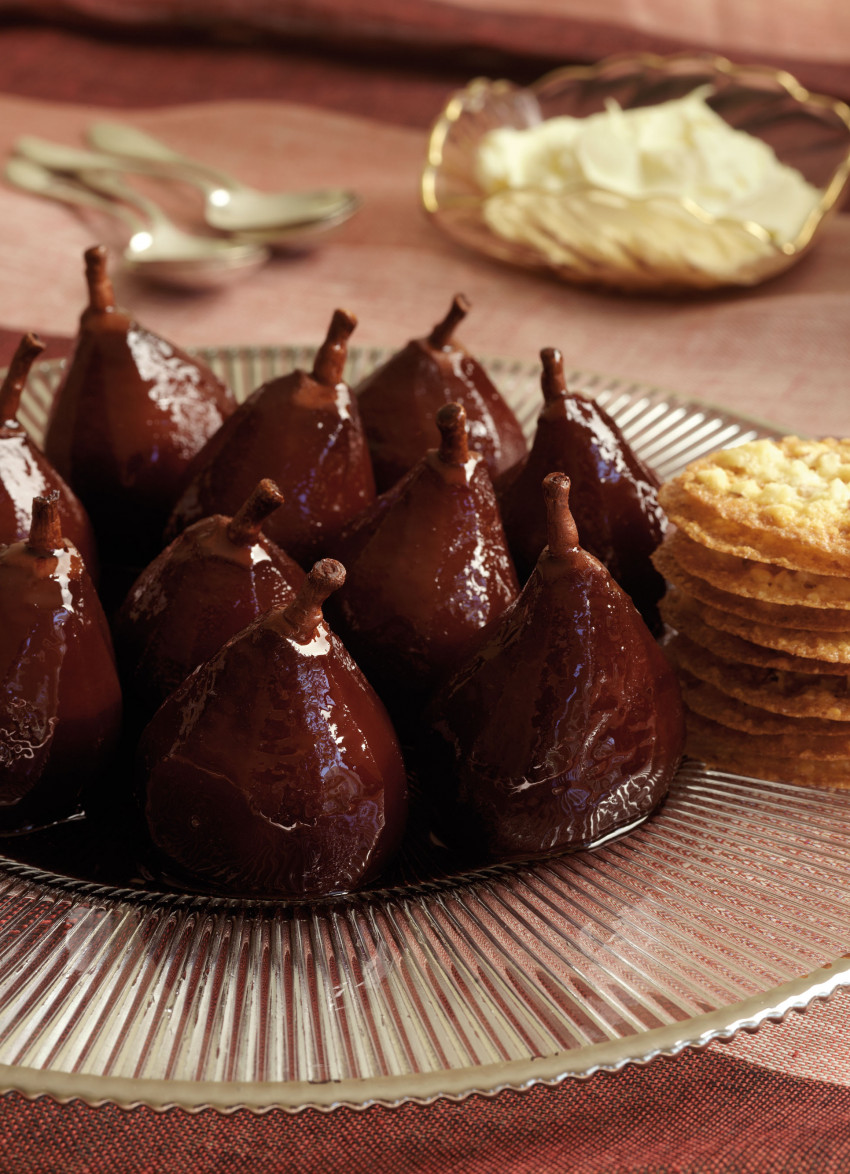 Pears with Red Wine and Cassis, Mascarpone and Almond Crisps