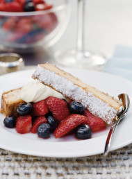 Hazelnut and White Chocolate Brownie with Marinated Berries and Mascarpone