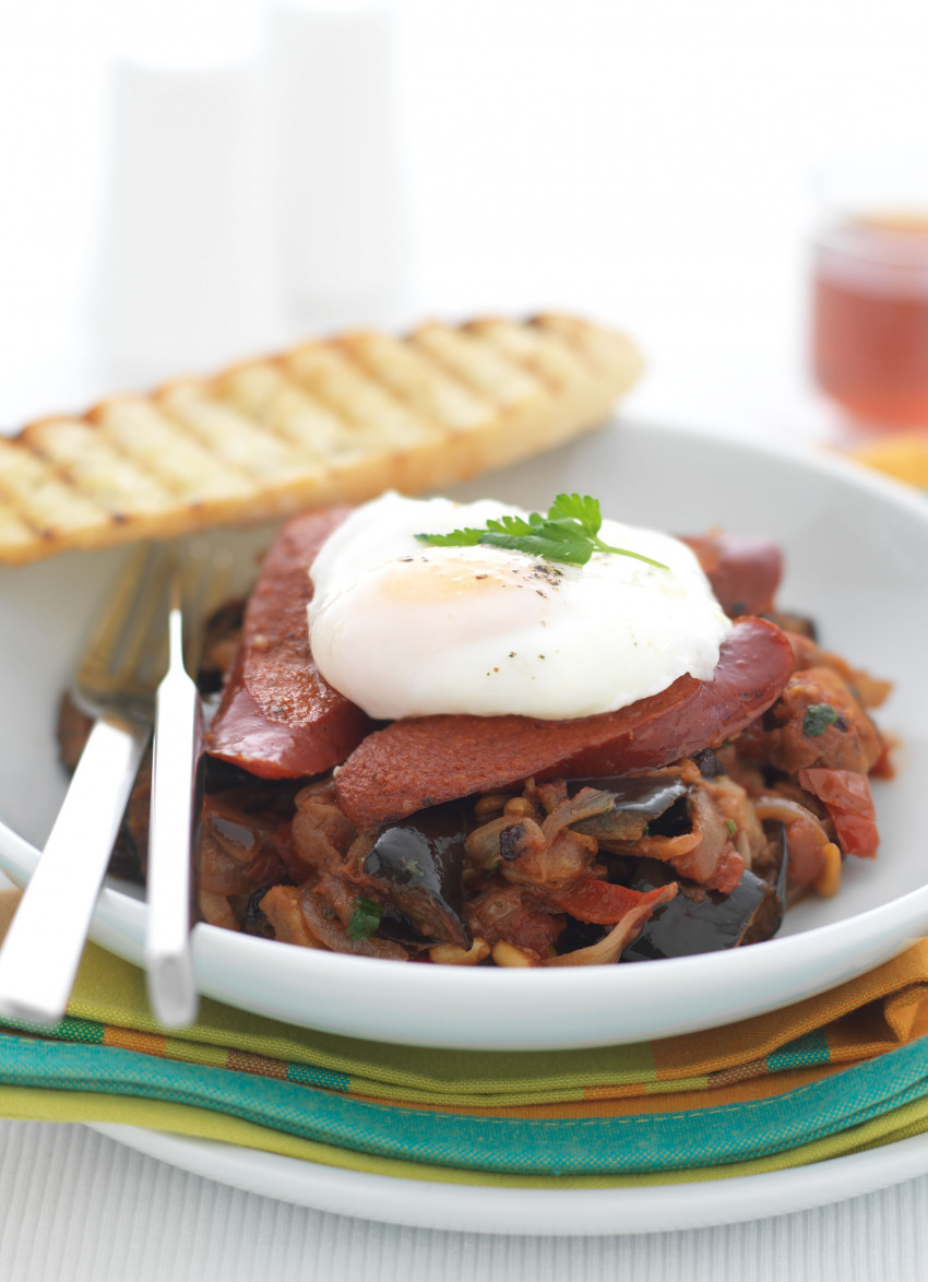 Caponata with Chorizo and Poached Eggs