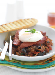 Caponata with Chorizo and Poached Eggs