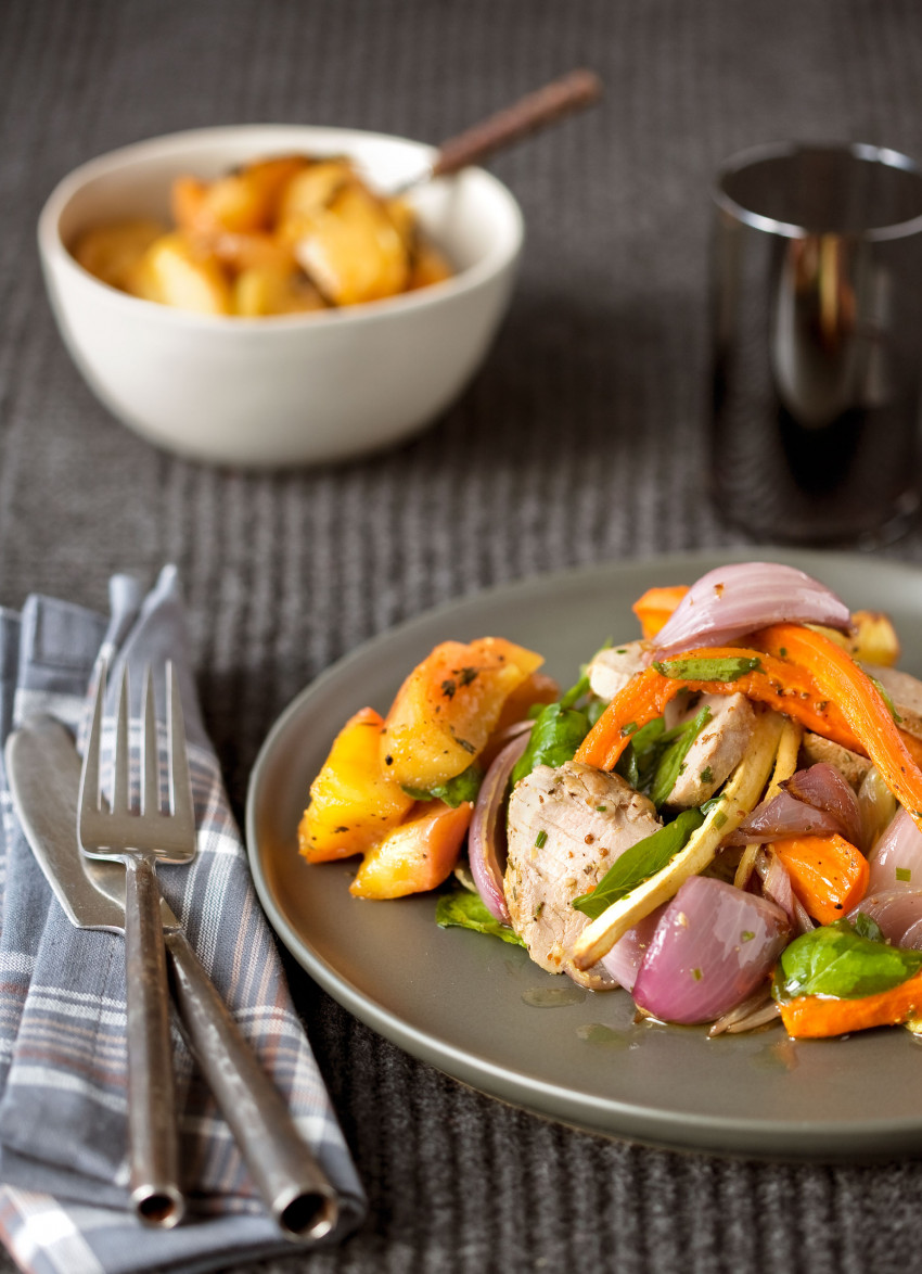 Pork Fillet and Roasted Vegetable Salad with Honey Baked Apples