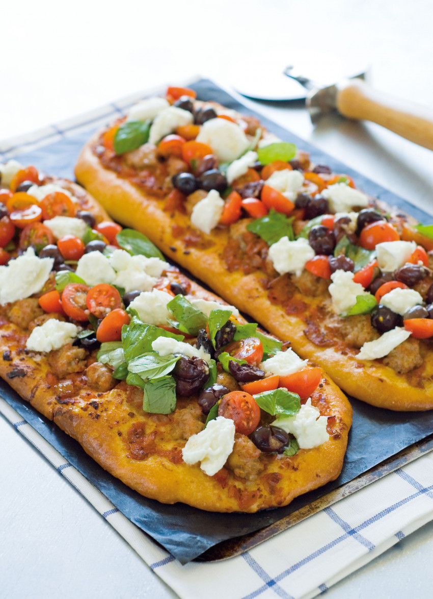 Pizza with Fennel Sausage, Mozzarella and Tomato Salad