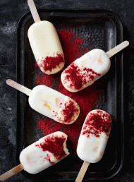 Roast Peach, Yoghurt and White Chocolate Popsicles with Raspberry Powder