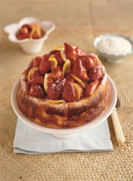 Baked Lemon Cake with Glazed Lemons and Strawberries