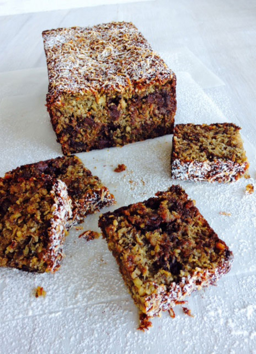 Banana, Roasted Peanut and Coconut Loaf with Dark Chocolate