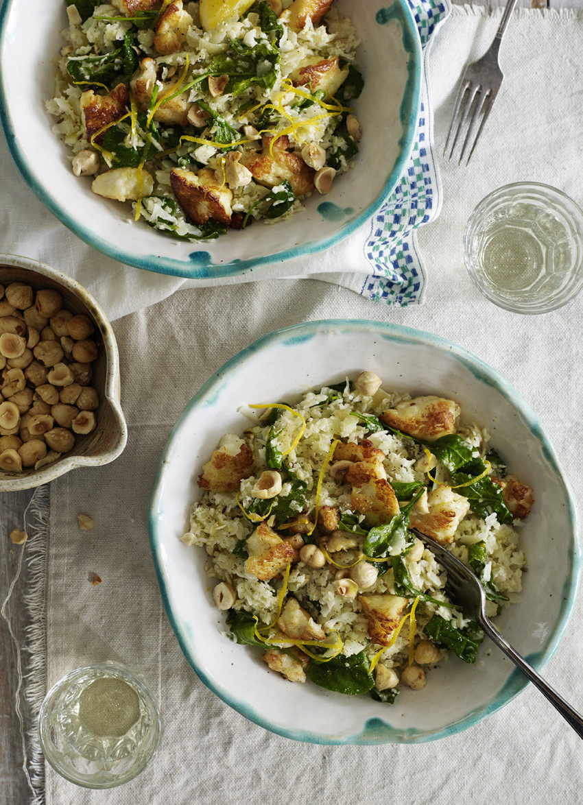 Cauliflower Risotto with Rocket, Hazelnuts and Haloumi