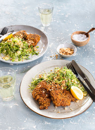 Chicken Cotoletta with Brussels Sprouts, Rocket and Hazelnut Salad