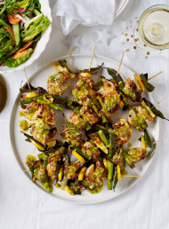 Chicken, Asparagus and Artichoke Skewers with Basil Dressing